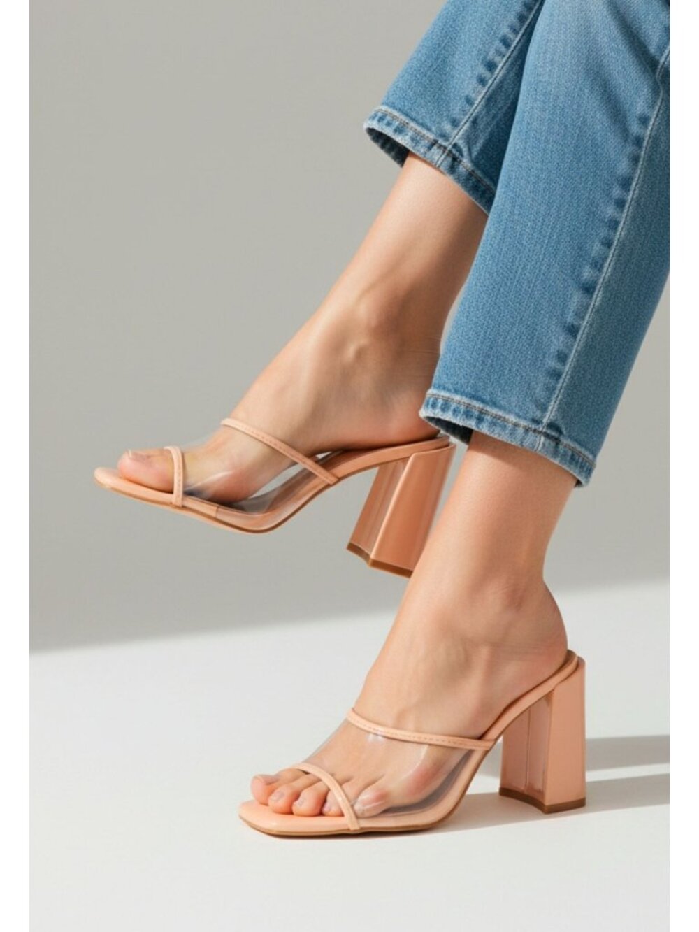 Clear Strap Open-Toe Block Heel Sandals For Women Transparent & Nude Design